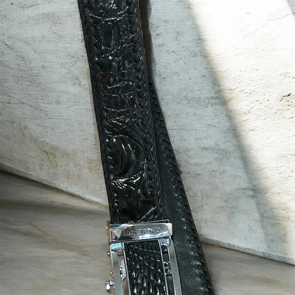PELgio Genuine Siamese Crocodile Leather Black Belt Automatic Buckle 32